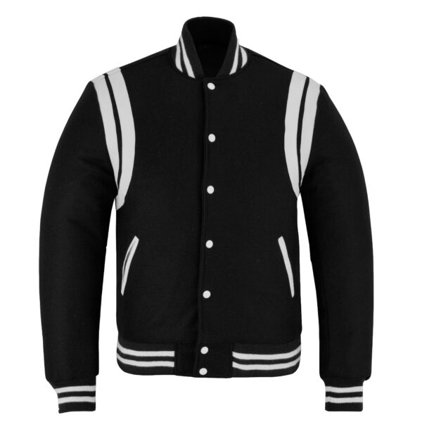 Classic Varsity Letterman Teddy Baseball College Black Wool With White Double Leather Strip Jacket