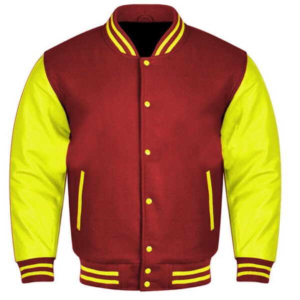 maroon and yellow varsity jacket