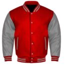 red and gray varsity jacket
