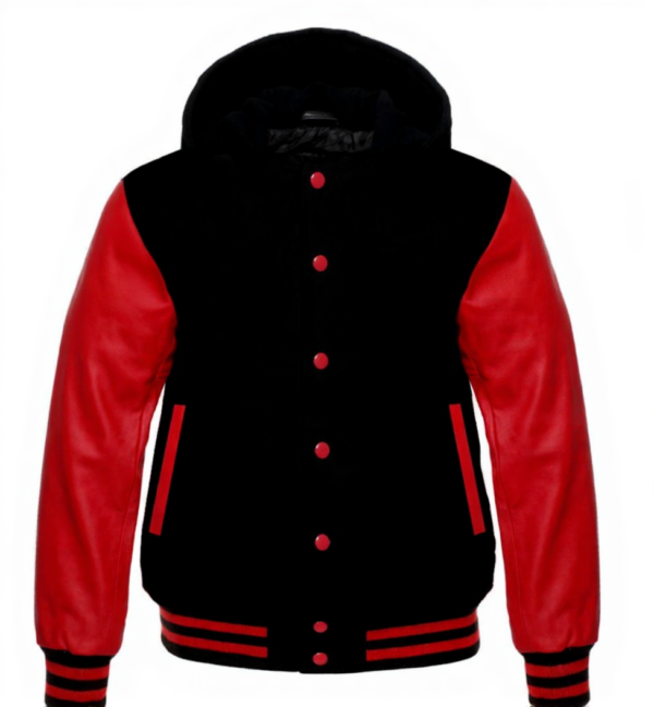 Lettermen Hoodies Red Wool & Red Leather Sleeve with Black/Red Trim