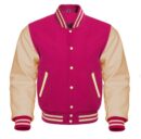 pink and white letterman jacket