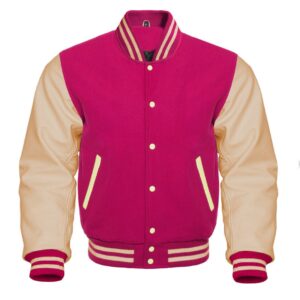 pink and white letterman jacket