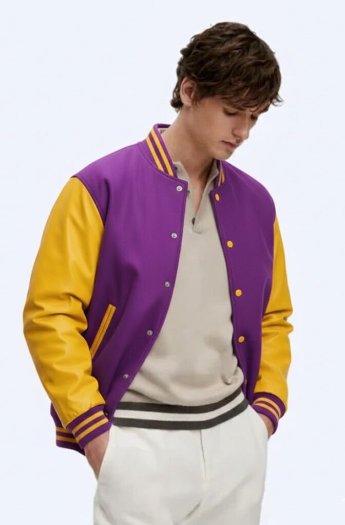 Purple And Gold Letterman Jacket | Gold Leather Sleeves