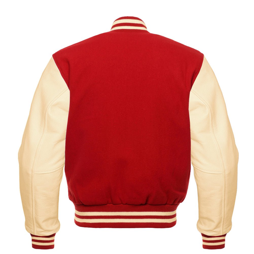 red and cream varsity jacket