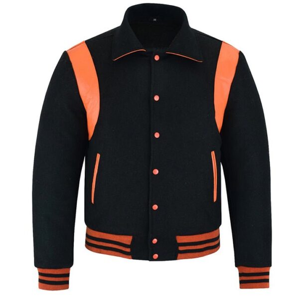 letterman jacket with collar black and orange