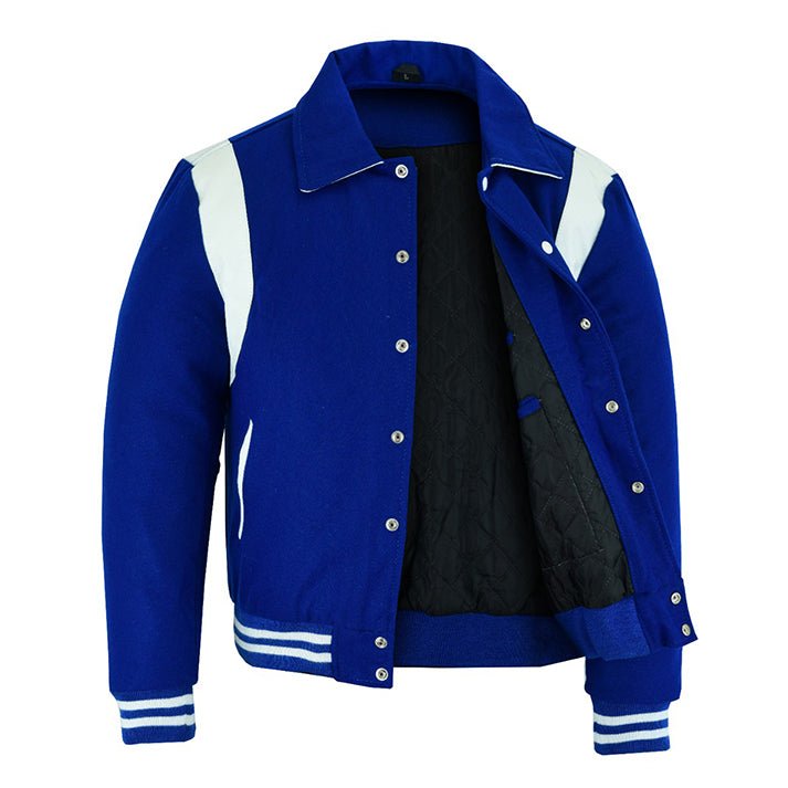 letterman jacket with collar royal blue and white