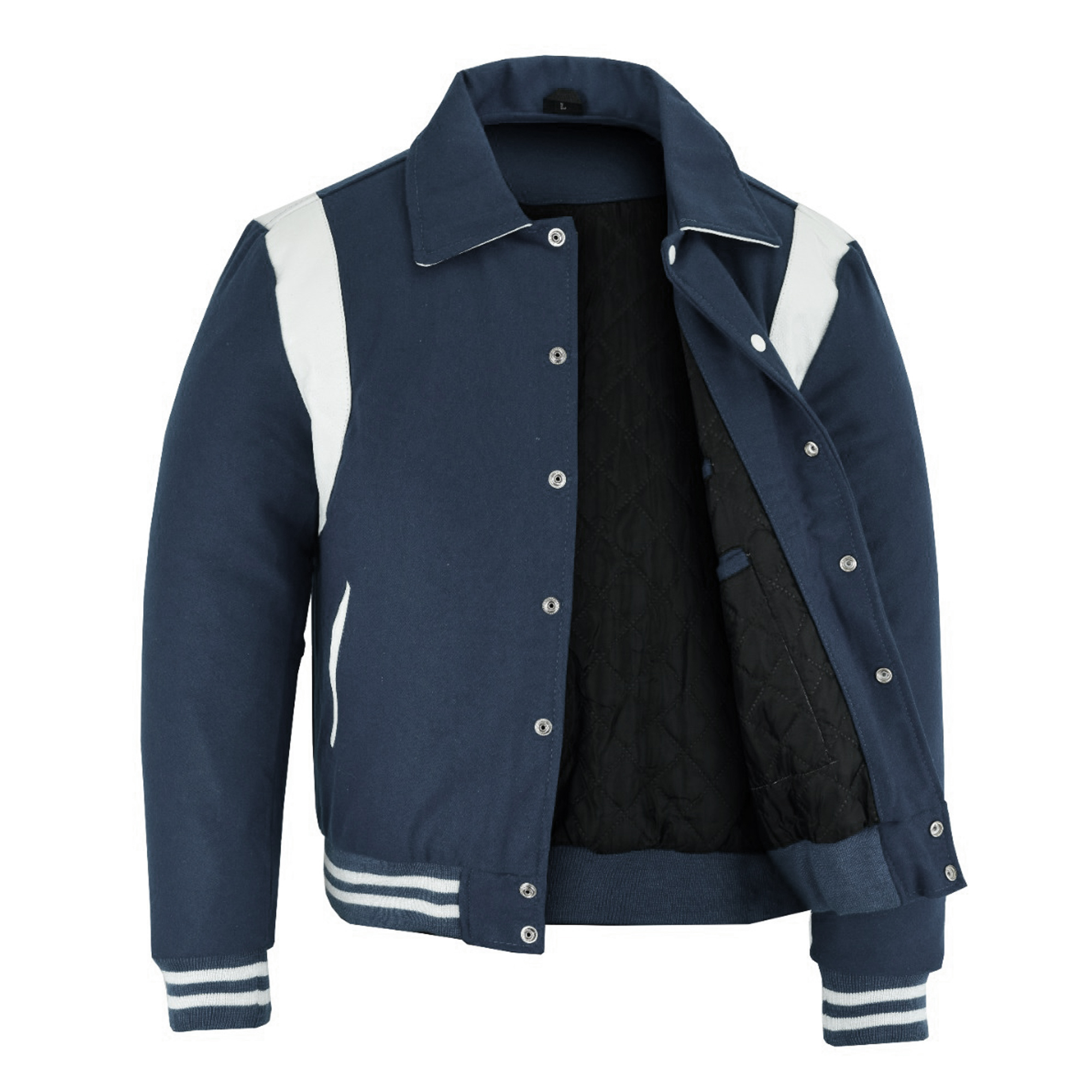 letterman jacket with collar navy blue and white