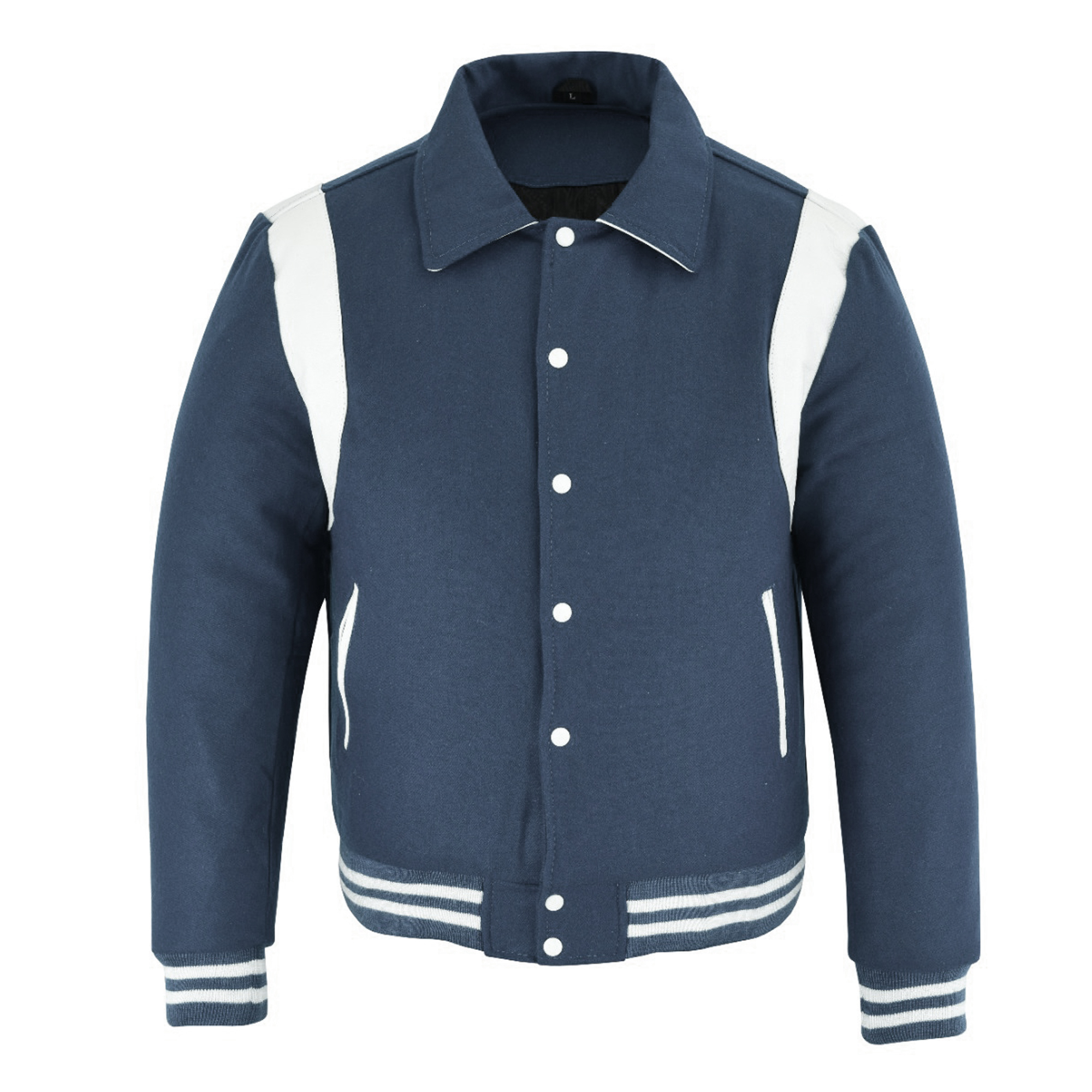 letterman jacket with collar navy blue and white