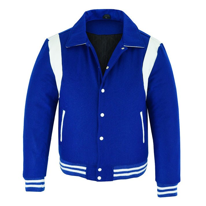 letterman jacket with collar royal blue and white