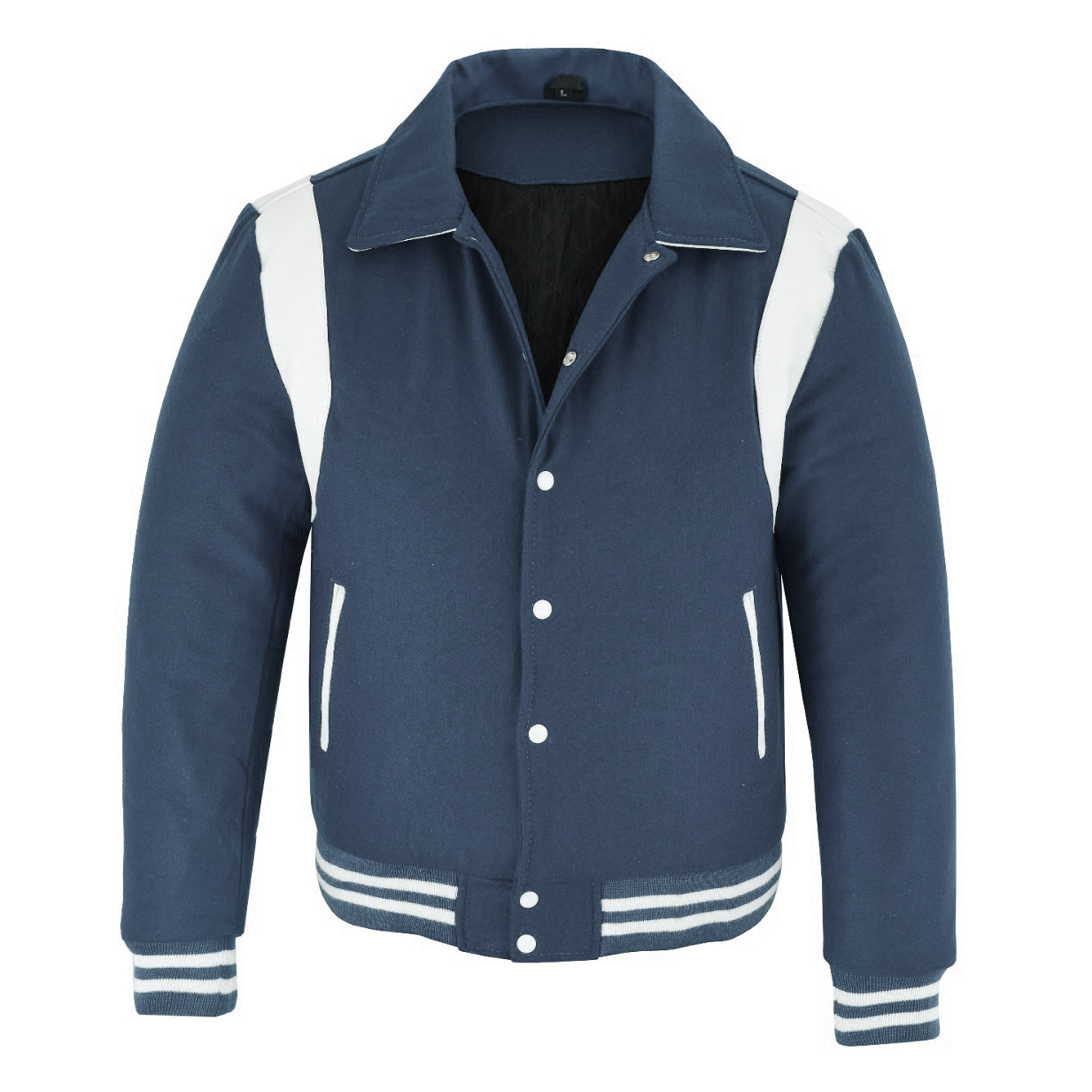 letterman jacket with collar navy blue and white