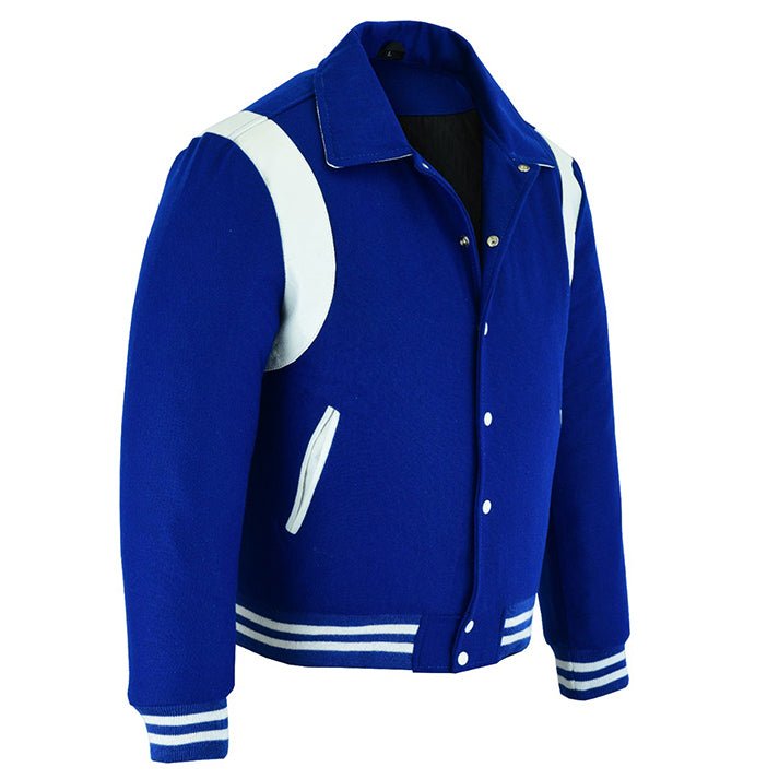 letterman jacket with collar royal blue and white