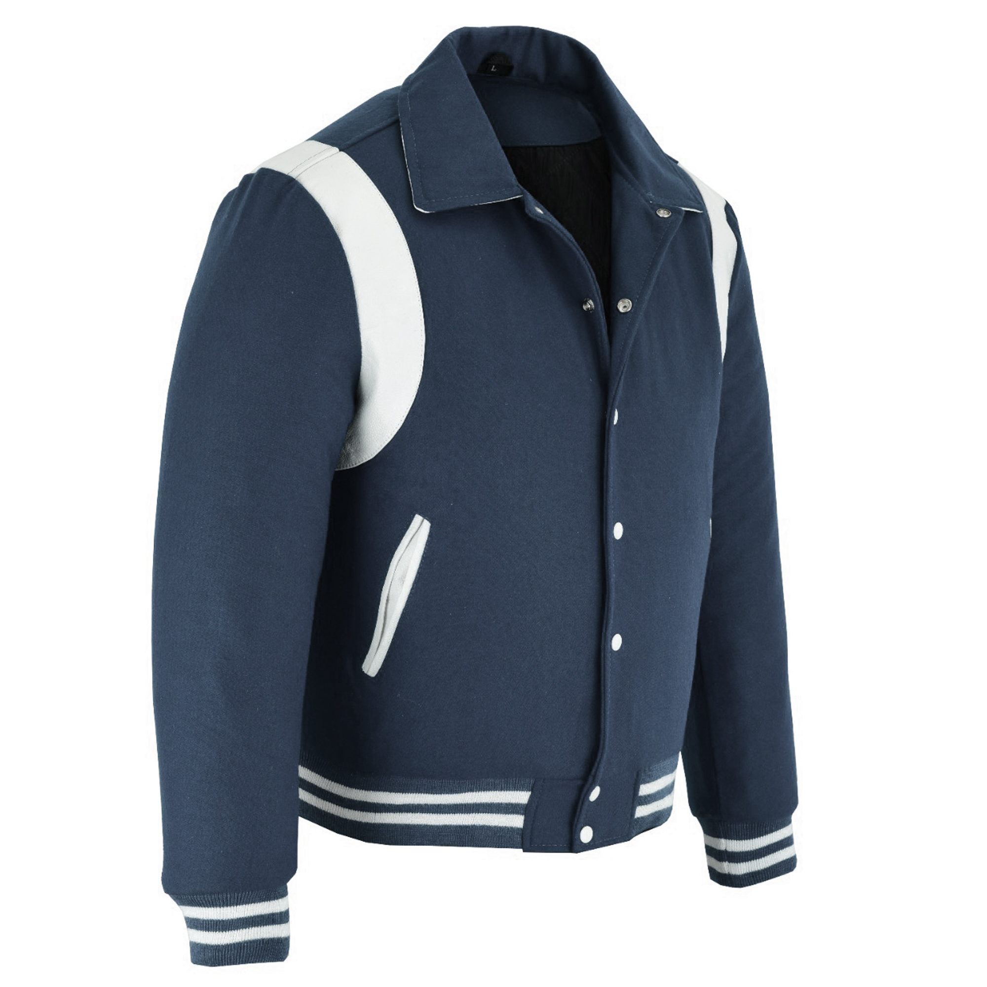 letterman jacket with collar navy blue and white