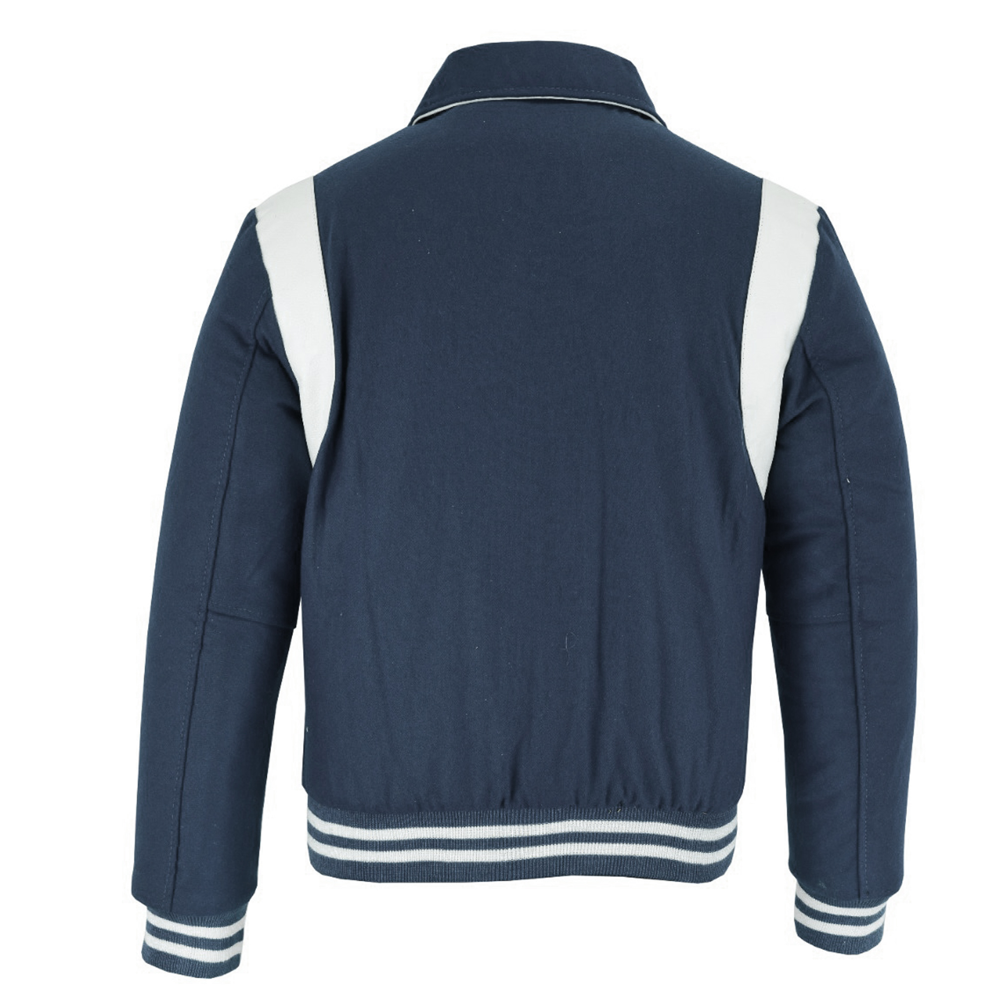 letterman jacket with collar navy blue and white