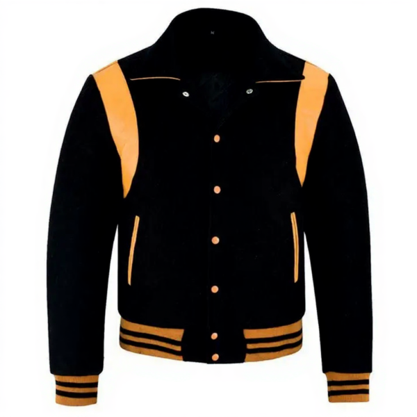 letterman jacket with collar black and gold